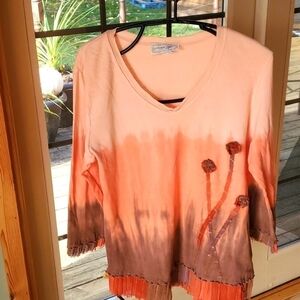 Lynn Yang Nature Art Embellished Long Slv Vneck Tye Dyed Sz. L Tshirt